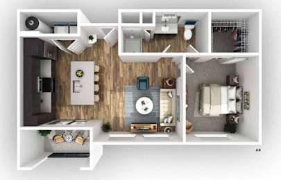 A floor plan of a small apartment with a kitchen, living room, and bathroom.
