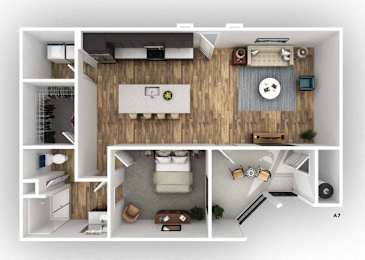 A 3D floor plan of a small apartment with a kitchen, living room, and bathroom.