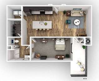 Apartment layout with a kitchen, living room, and bedroom.