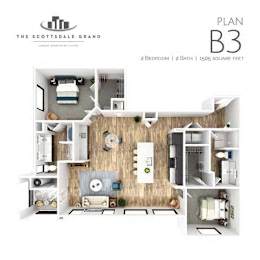 A floor plan of a two bedroom, two bath apartment at The Scottsdale Grand.