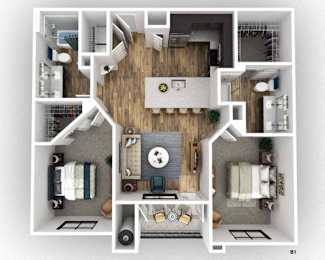 A top-down view of a house layout with a living room, kitchen, and two bedrooms.