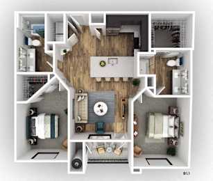 A top-down view of a house layout with a central living room, bedrooms, and bathrooms.
