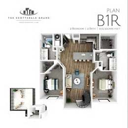 A floor plan for a 2 bedroom, 2 bath apartment at The Scottsdale Grand.