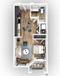A top-down view of a small apartment layout.