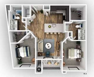 A detailed 3D floor plan of a two-bedroom apartment.