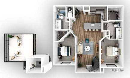 A 3D floor plan of a B1 roof deck.