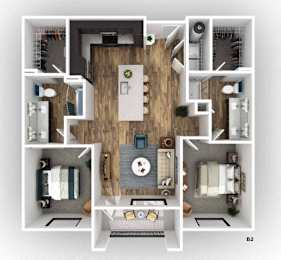 A top-down view of a small apartment layout with a kitchen, living room, and bathroom.