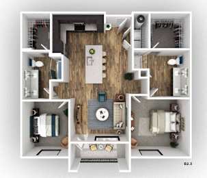 A top-down view of a house layout with a central living room, bedrooms, and bathrooms.