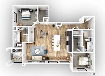 A 3D floor plan of a small apartment with a living room, kitchen, and bedroom.