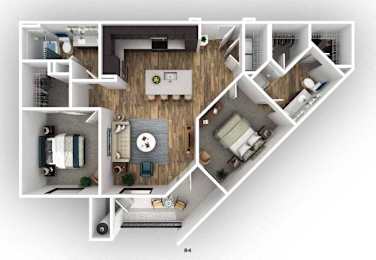 A floor plan of a house with a kitchen, living room, and bedrooms.