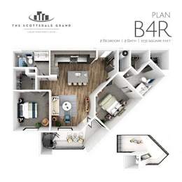 A floor plan for a 2 bedroom, 2 bath apartment with 1131 square feet.