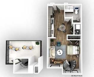 A floor plan of an apartment with a living room, kitchen, and bedroom.