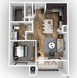 A 3D floor plan of a small apartment with a living room, kitchen, and bathroom.