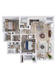 A white and wood floor plan of a house with a kitchen, living room, and bathroom.