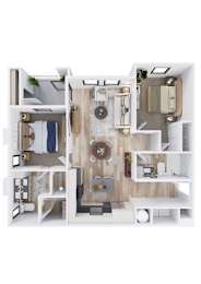 A top-down view of a small apartment with a kitchen, living room, and bathroom.