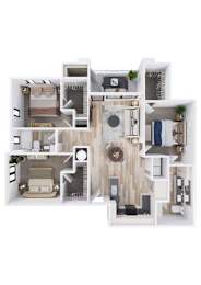 A floor plan of a house with a living room, kitchen, and two bedrooms.