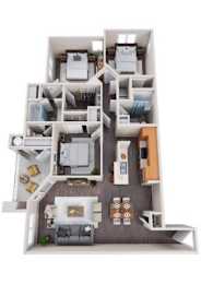 A 3D floor plan of a house with a living room, kitchen, and two bedrooms.