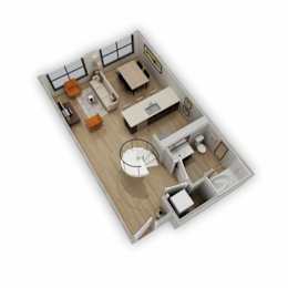 A top-down view of a modern apartment layout with a kitchen, living room, and bathroom.