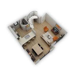 A top down view of a living room with a staircase.