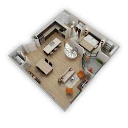 A 3D floor plan of a small apartment with a kitchen, living room, and bedroom.