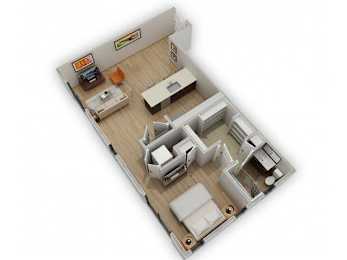 A 3D floor plan of a small apartment with a kitchen, living room, and bedroom.