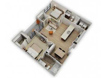 A 3D floor plan of a house with a kitchen, living room, and two bedrooms.