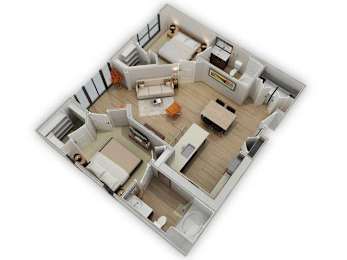 A 3D floor plan of a house with a kitchen, living room, and two bedrooms.