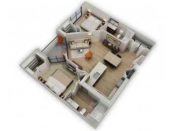 A 3D floor plan of a house with two bedrooms, a living room, a kitchen, and a bathroom.