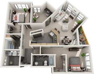 A detailed 3D floor plan of a house showing all rooms and furniture.