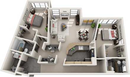 A 3D floor plan of a small apartment with labeled rooms.
