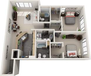 A 3D floor plan of a small apartment with a kitchen, living room, bedroom, and bathroom.