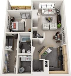 A 3D floor plan of a small apartment with a kitchen, living room, and bedroom.