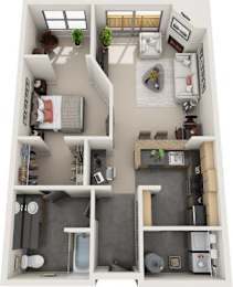 A 3D floor plan of a small apartment with a kitchen, living room, and bathroom.