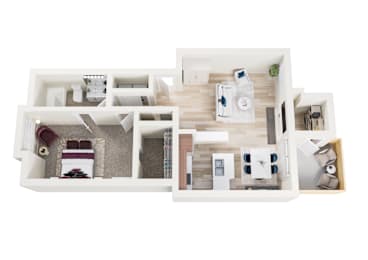 A top down view of a house layout with a living room, kitchen, and two bedrooms.