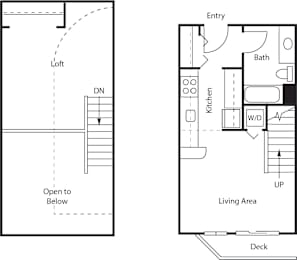 A floor plan of a house with a living area, kitchen, bath, and deck.