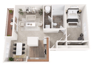 A top-down view of a modern apartment layout with a living room, dining area, kitchen, and bedrooms.