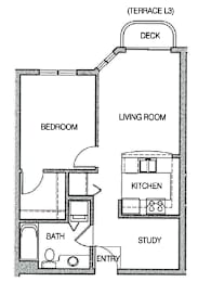 A floor plan of a small apartment with a deck.