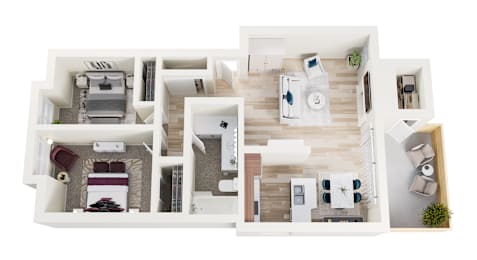 A top-down view of a house layout with multiple rooms.