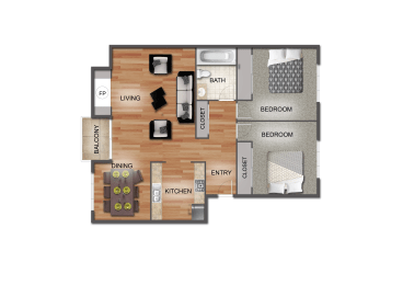 Two Bedroom One Bathroom Floor Plan | Brookstone Apartments in Seatac, WA