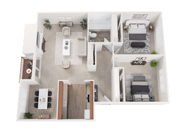 A top-down view of a small apartment layout with a kitchen, living room, and bedroom.