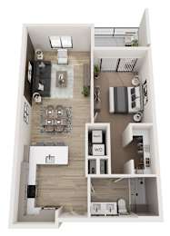 A top-down view of a small apartment with a living room, kitchen, and bathroom.