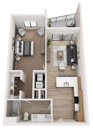 A top-down view of a small apartment with a kitchen, living room, and bathroom.