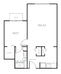 A floor plan of a house with a deck, rest area, closet, pantry, and a splash area.
