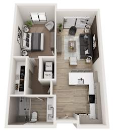 A top-down view of a modern apartment layout with a living room, kitchen, and bathroom.