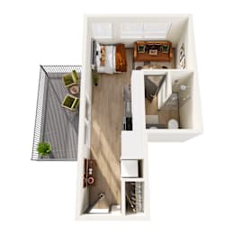 A top down view of a small apartment with a balcony.