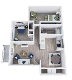 A top down view of a small apartment with a kitchen, living room, and bedroom.