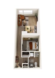 A small apartment with a kitchen, living room and bathroom.