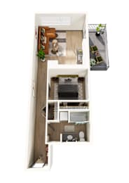 A top down view of a small apartment with a kitchen, living room and bathroom.