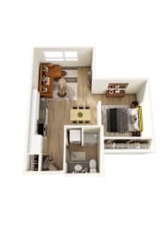 A top down view of a small apartment with a kitchen, living room and bathroom.