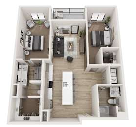A top-down view of a modern apartment layout with a kitchen, living room, and bedrooms.